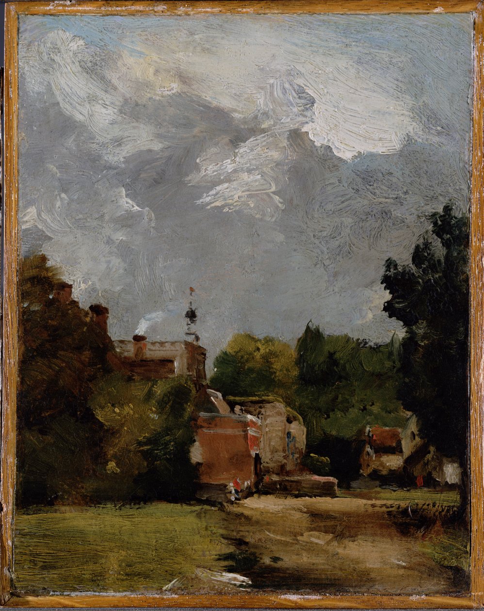 Igreja East Bergholt da Church Street (óleo sobre papel no painel) de John Constable