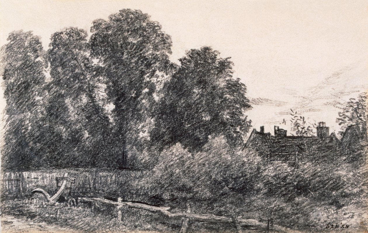 Paisagem com Elm Tress e uma casa (grafite no papel) de John Constable