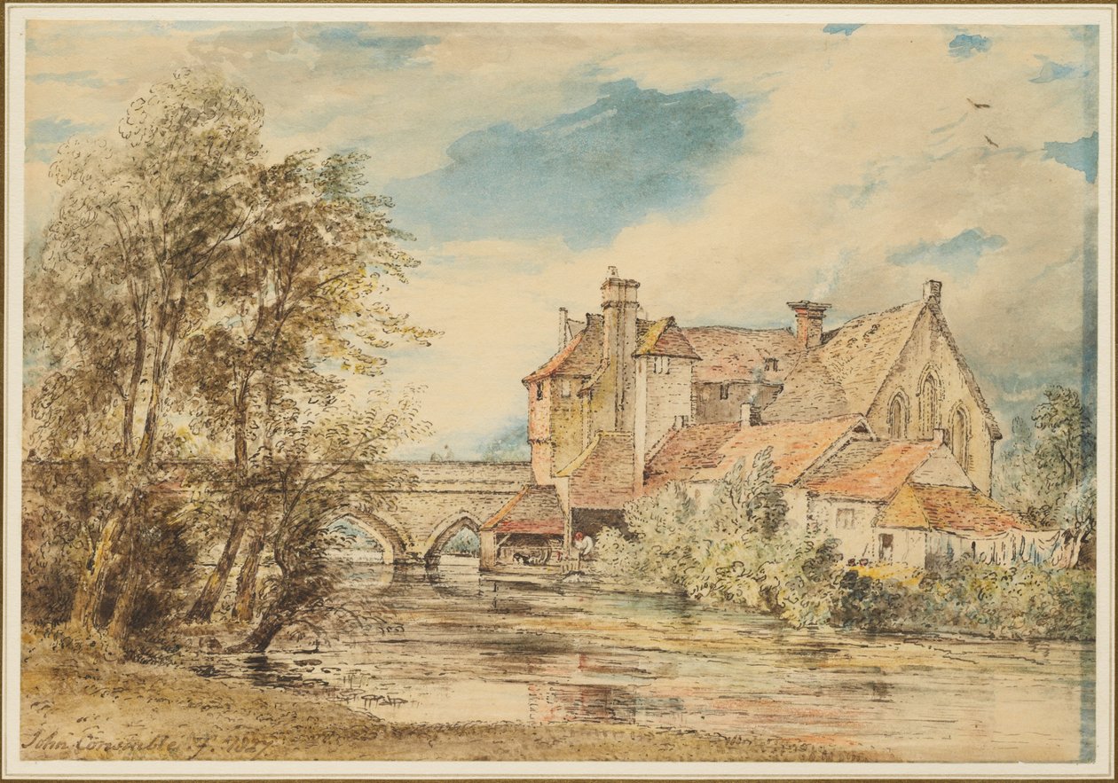 Casas antigas na ponte de Harnam, Salisbury, com o antigo hospital de São Nicolau de John Constable