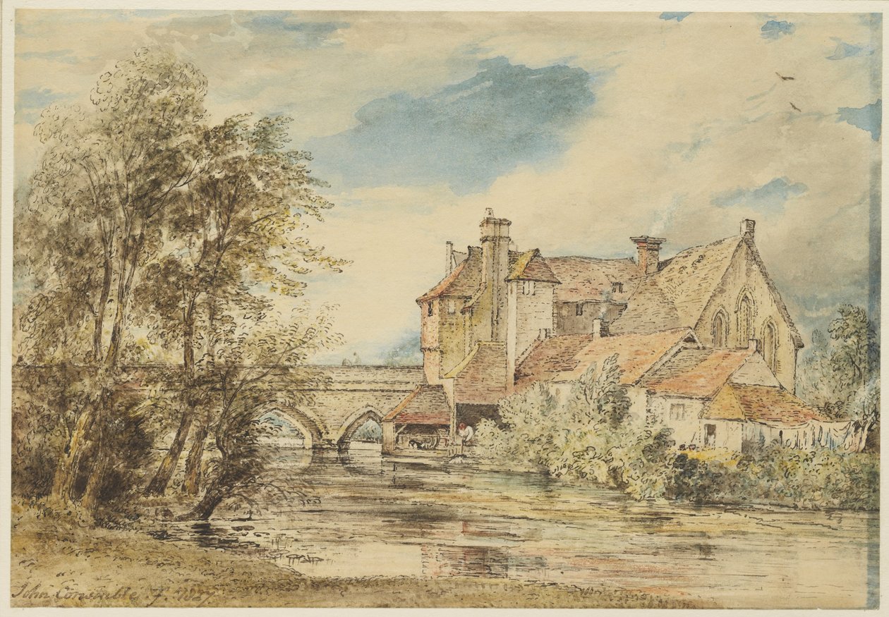 Casas antigas na ponte Harnam, Salisbury, com o antigo hospital de São Nicolau, 1827 de John Constable