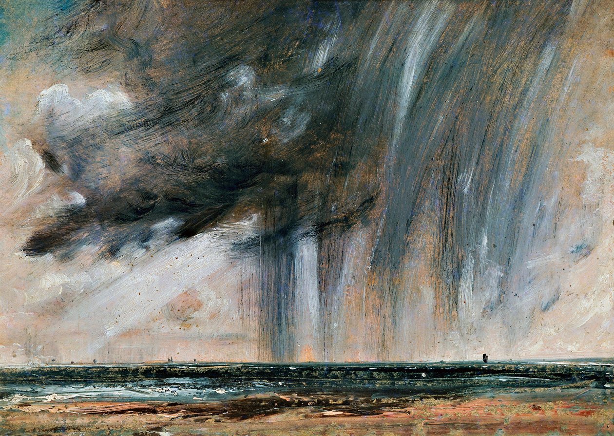 Tempestade de chuva sobre o mar, estudo da paisagem marítima com nuvens de chuva, ca 1824-1828, por John Constable (1776-1837), óleo sobre papel colocado sobre tela, 22,2x31 cm de John Constable