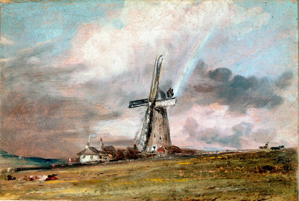 Moinho de vento, Casas e Pintura arco-íris por John Constable (1776-1837) 1824 aproximadamente. Sol. 21x30,4 cm Londres, Victoria e Albert museu de John Constable