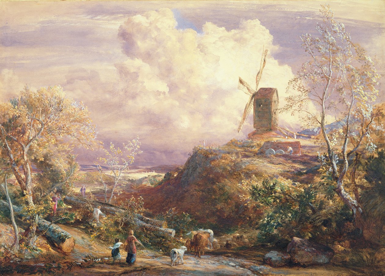 Moinho de vento em uma colina com tropeiros de gado de John Constable