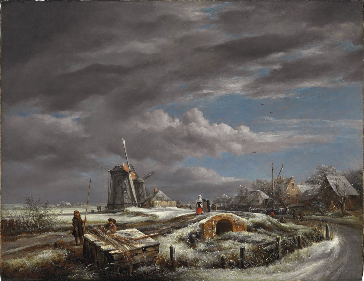 Paisagem do inverno com figuras em um caminho, uma passarela e moinhos de vento além de John Constable