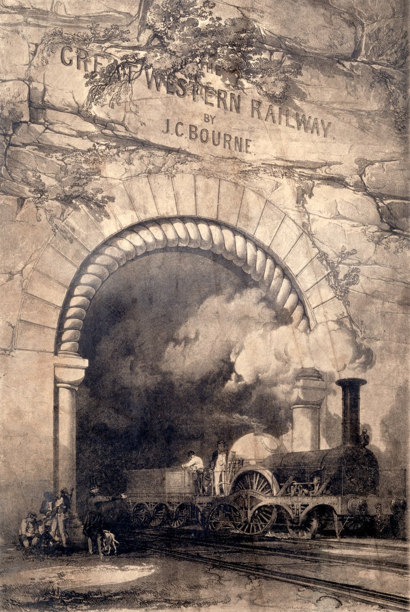 Acheron 2-2-2 locomotiva emergindo de um túnel perto de Bristol, frontispício para a história e descrição da Great Western Railway, 1846 de John Cooke Bourne