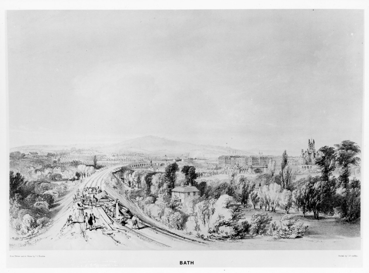 Abordagem da estação de banho do leste, da "História da Great Western Railway", impressa pela CF Cheffins, c.1846 de John Cooke Bourne