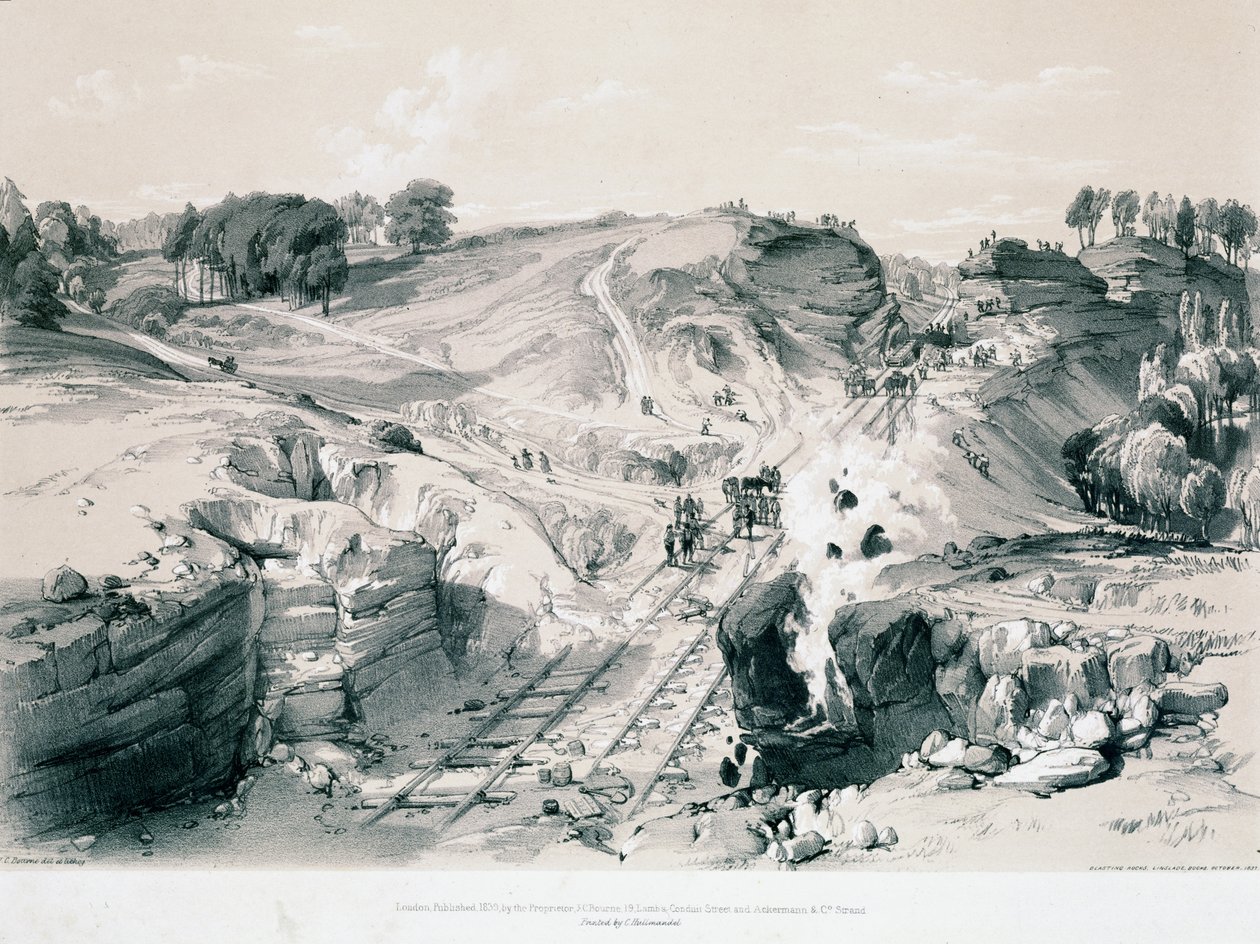 Rochas de detonação, Linsdale, Buckinghamshire, de 1830 (caneta e tinta e lavar no papel) de John Cooke Bourne