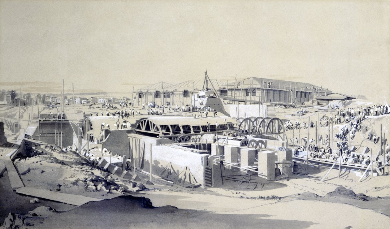 Construindo a casa de máquinas estacionária, Camden Town, 26 de abril de 1837 (caneta e tinta e papel) de John Cooke Bourne