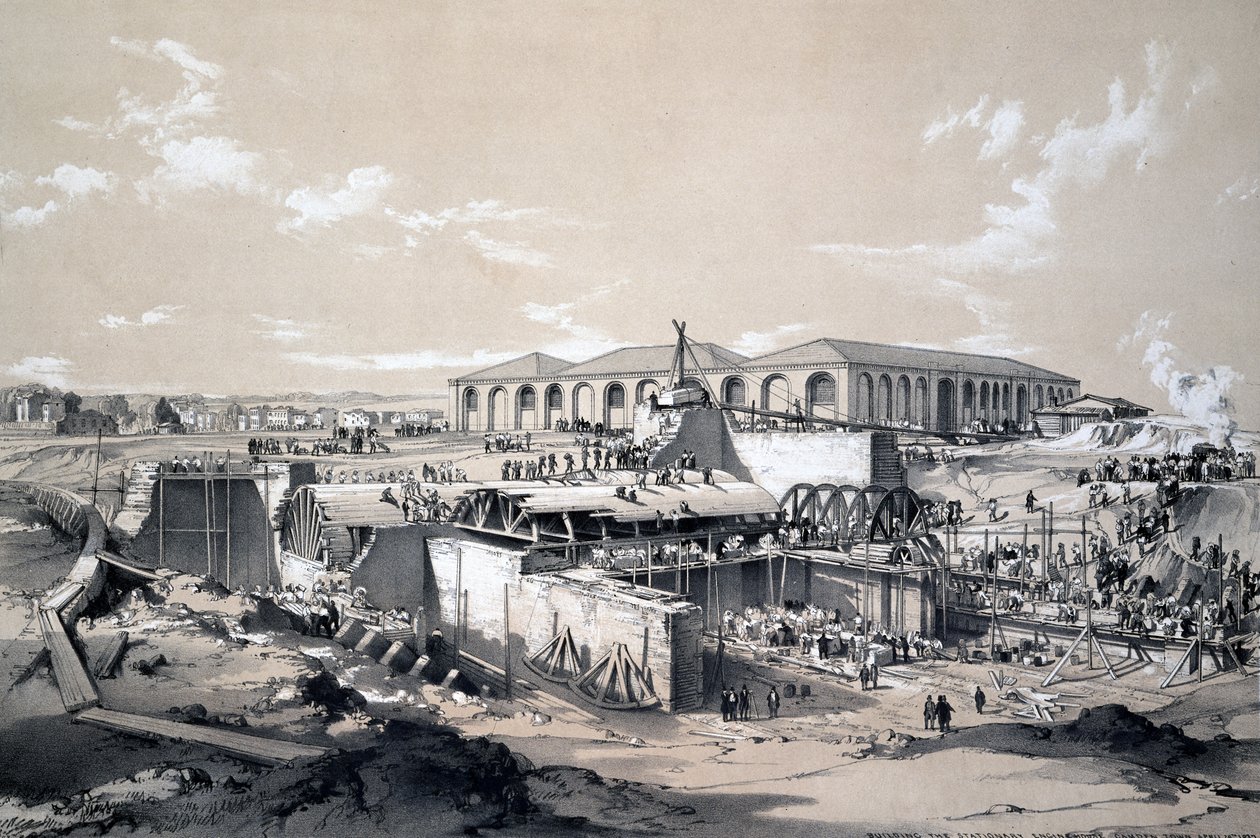 Construindo a casa de máquinas estacionária, Camden Town, 26 de abril de 1837 (caneta e tinta e papel) de John Cooke Bourne