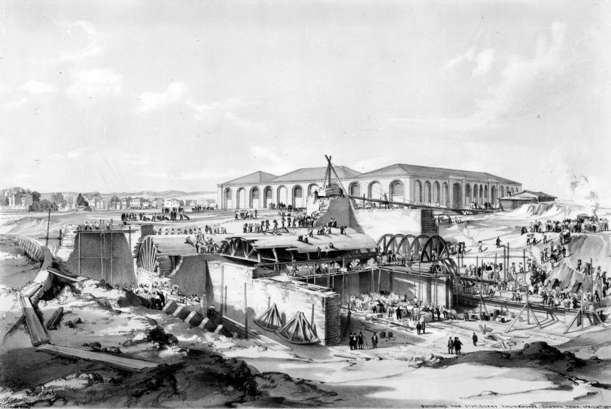 Construindo a casa de máquinas estacionária, Camden Town, 26 de abril de 1837 (caneta e tinta no papel) de John Cooke Bourne
