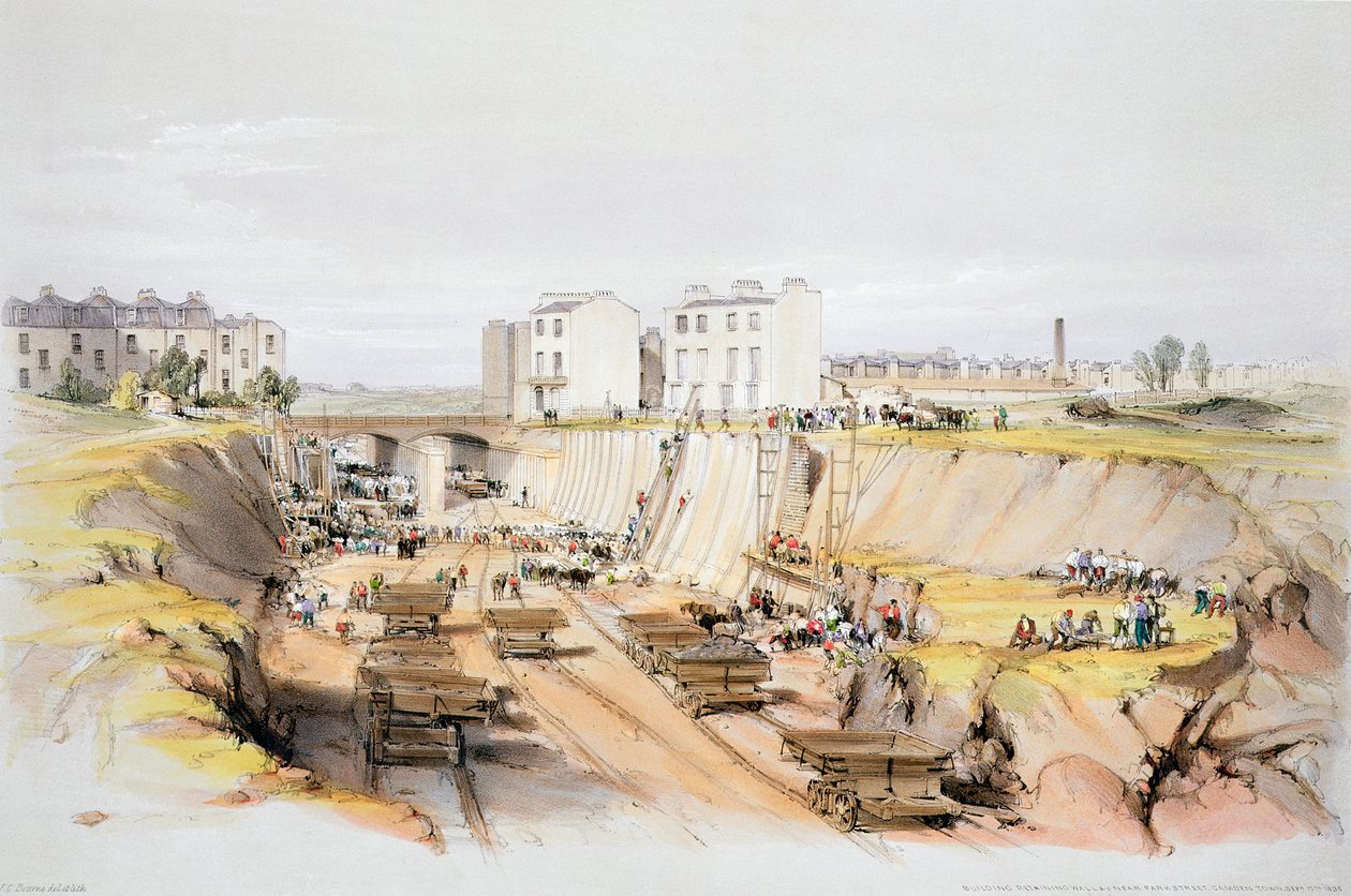 Construindo o muro de contenção perto de Park Street, Camden Town, Londres, 17 de setembro de 1836 1838 de John Cooke Bourne