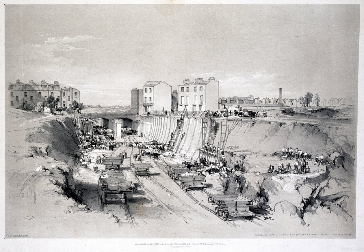Construindo as paredes de retenção em Park Street, Camden Town, 1836 de John Cooke Bourne
