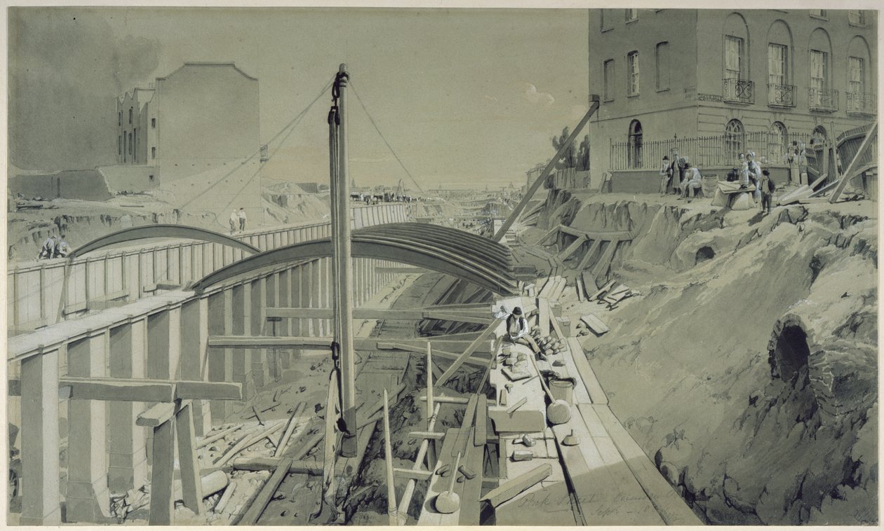 Construindo as paredes de retenção em Park Street, Camden Town, em setembro de 1836 (caneta e tinta e lavar no papel) de John Cooke Bourne