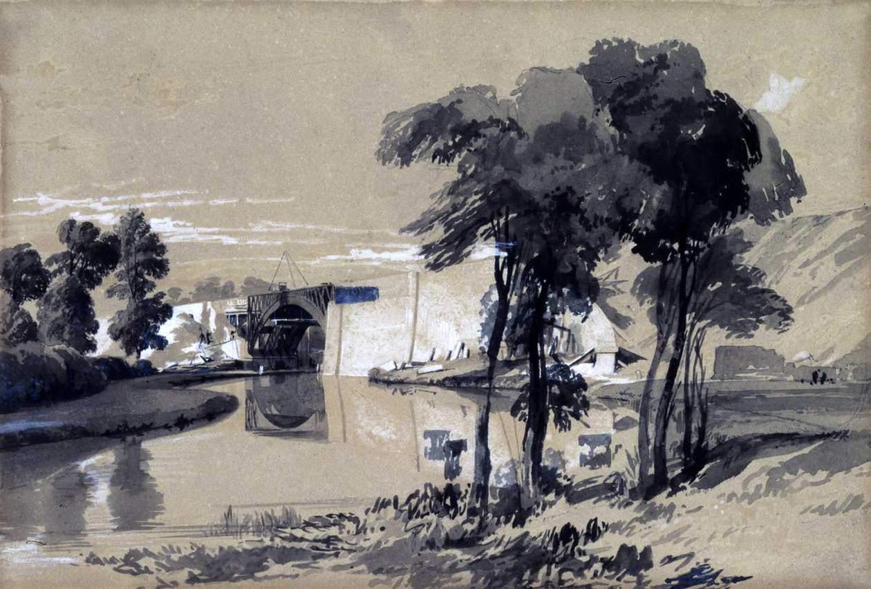 Ponte do Canal, Pitstone, Buckinghamshire, outubro de 1837 (caneta e tinta e lavagem em papel) de John Cooke Bourne