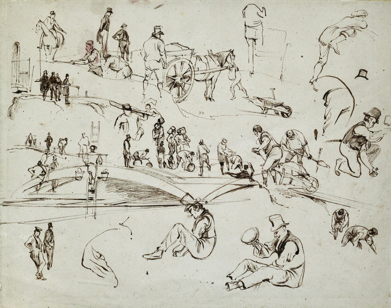 Construção dos caminhos-de-ferro de Londres e Birmingham, c.1835 (tinta castanha sobre papel; esboço composto) de John Cooke Bourne