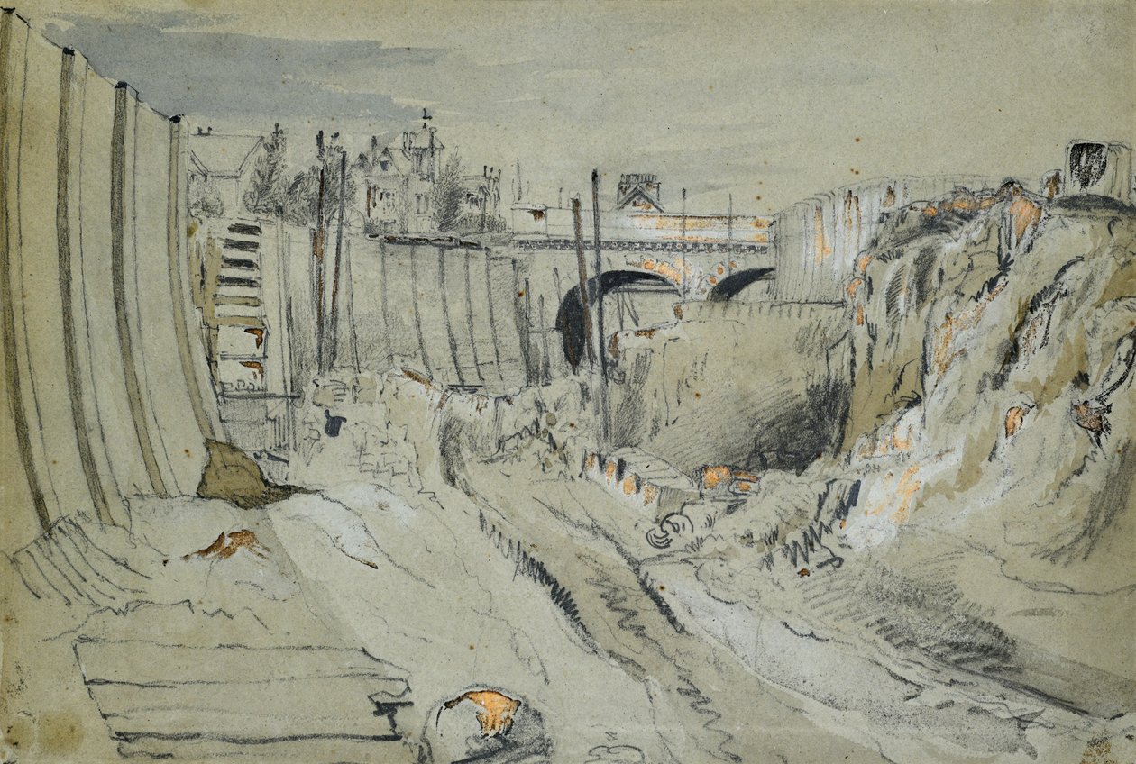 Construção dos caminhos-de-ferro de Londres e Birmingham, c.1835 (lápis e lavagem em papel) de John Cooke Bourne