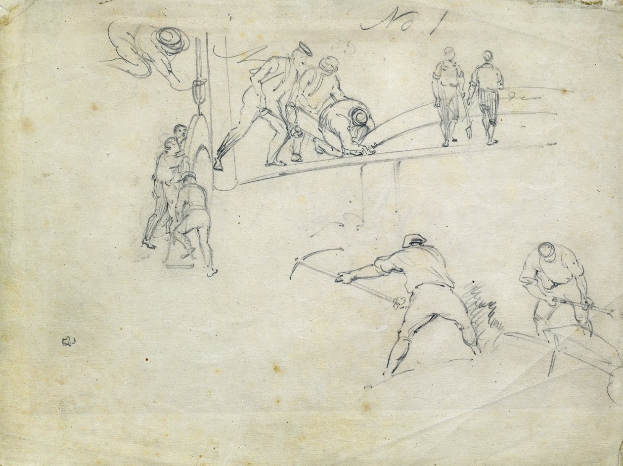 Construção dos caminhos-de-ferro de Londres e Birmingham, c.1835 (lápis sobre papel; esboço composto) de John Cooke Bourne