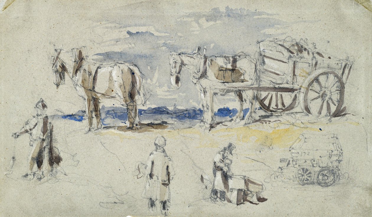 Construção dos caminhos-de-ferro de Londres e Birmingham, c.1835 (lápis com lavagem sobre papel; esboço composto) de John Cooke Bourne
