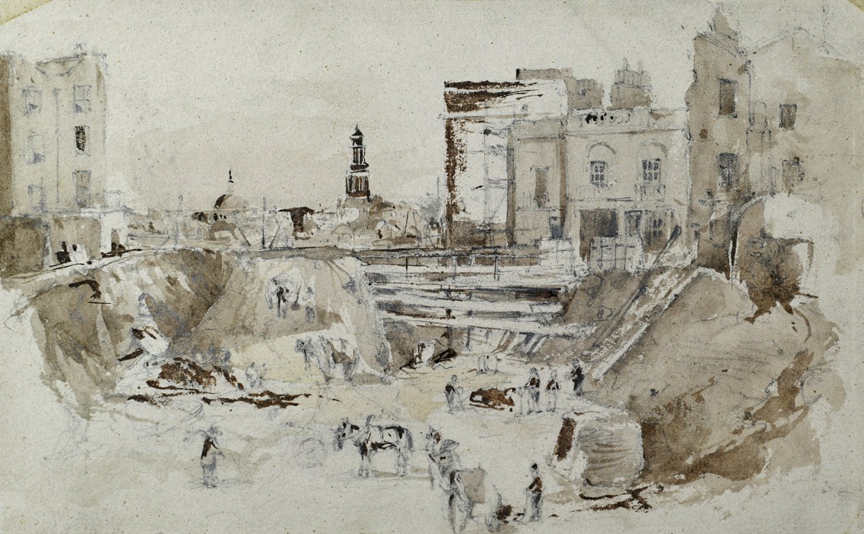 Construção dos caminhos-de-ferro de Londres e Birmingham, c.1835 (lápis com lavagem em papel) de John Cooke Bourne