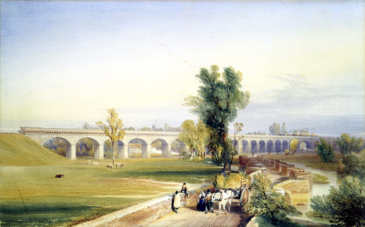 Ponte do rio holandês, Hull e Doncaster Branch, North Eastern Railway, 1847 (caneta e tinta e wc no papel) de John Cooke Bourne