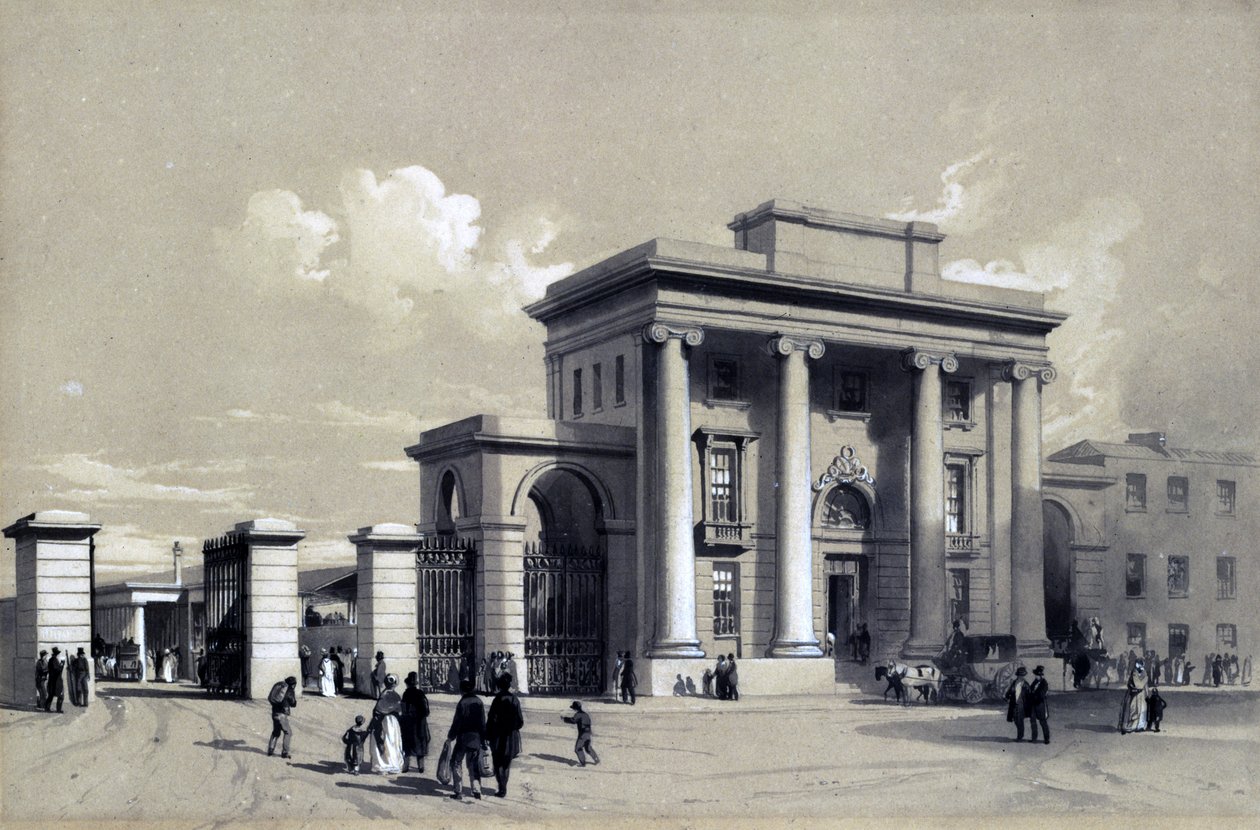 Entrada para a estação de Birmingham, em setembro de 1838 (caneta e tinta e lavagem em papel) de John Cooke Bourne