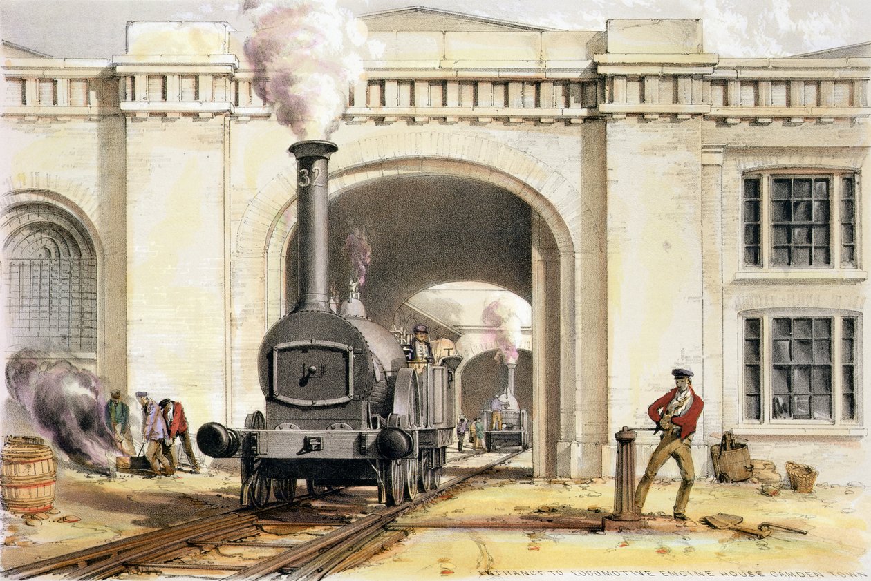 Entrada para locomotiva Engine House, Camden Town, gravada pelo artista, 1839 de John Cooke Bourne