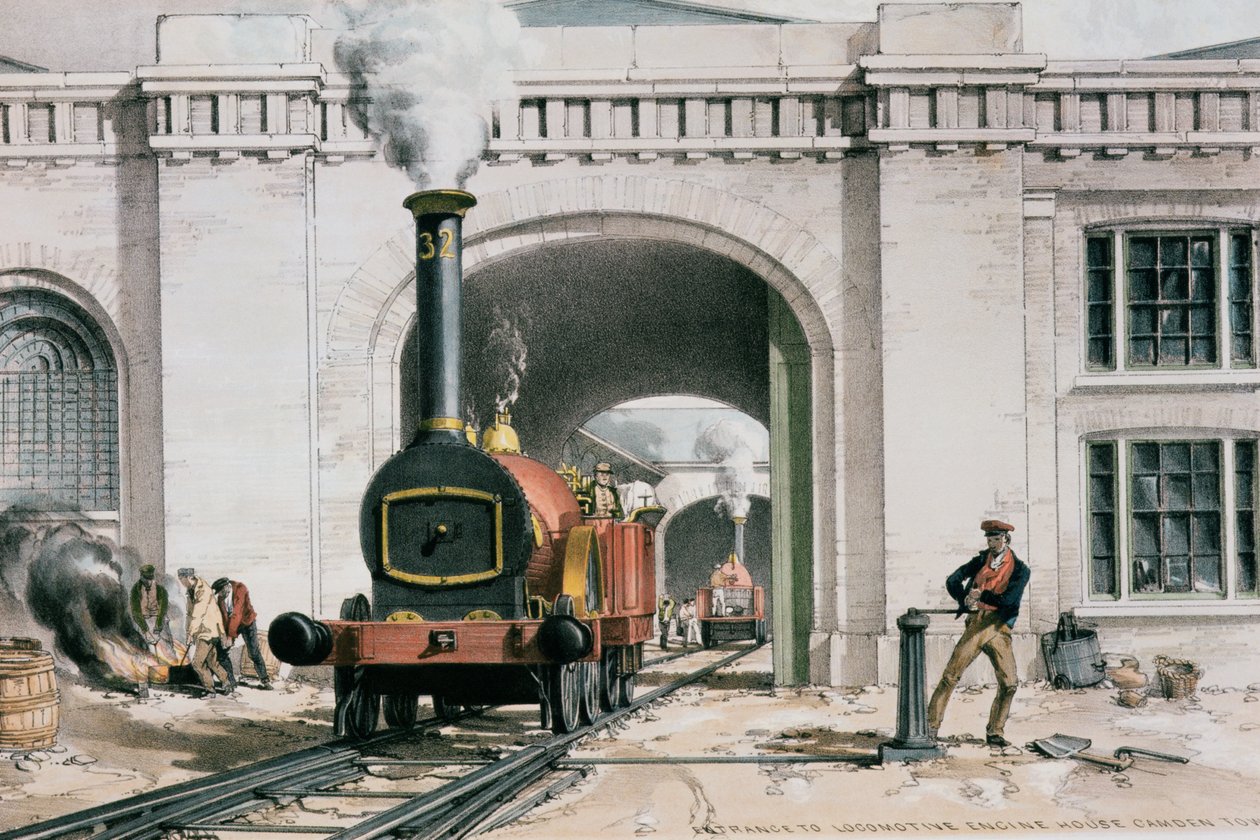 Entrada, para, a, locomotiva, casa motor, camden, cidade, londres, 1839 de John Cooke Bourne