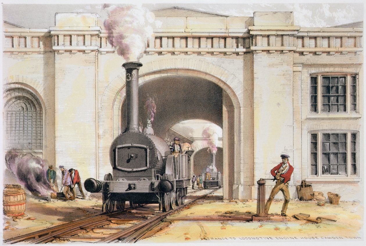 Entrada para a casa de máquinas de locomotivas, Camden Town, Londres, 1839 de John Cooke Bourne