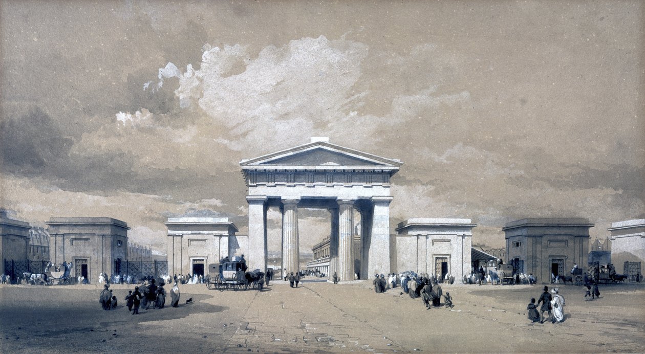 Euston Arch, abril de 1838 (caneta e tinta e lavar no papel) de John Cooke Bourne