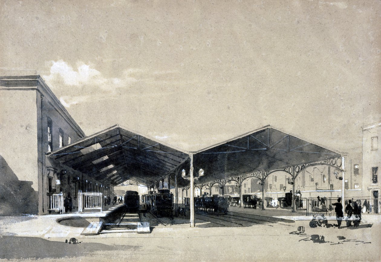 Interior da Estação Euston, maio de 1837 (caneta e tinta e papel) de John Cooke Bourne