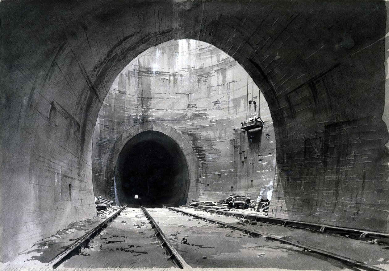 Great eixo de ventilação, Kilsby Tunnel, Northamptonshire, 1837-38 (caneta e tinta e lavar no papel) de John Cooke Bourne