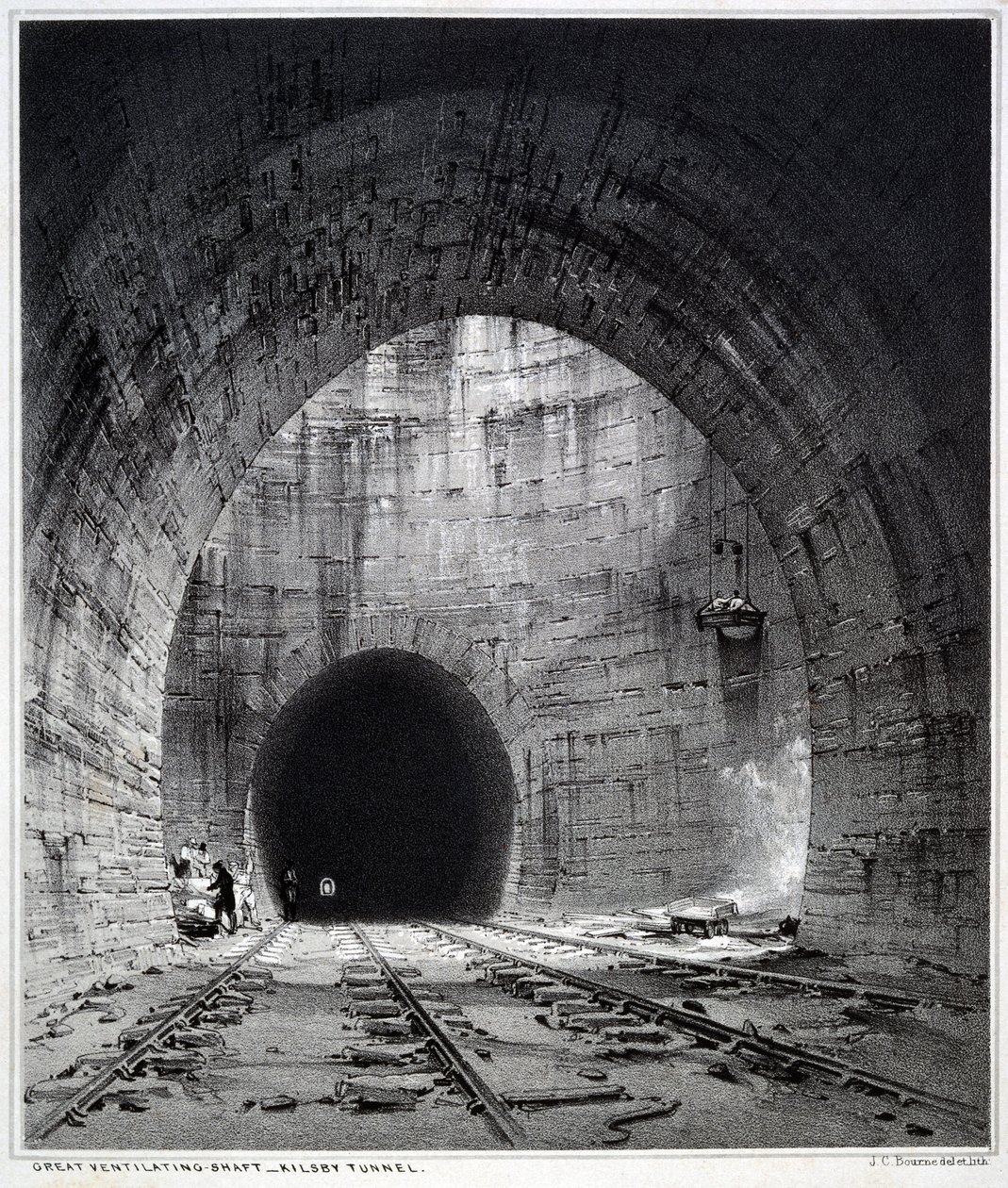 Great eixo de ventilação, Kilsby Tunnel, Northamptonshire, 1838 (caneta e tinta e lavar no papel) de John Cooke Bourne