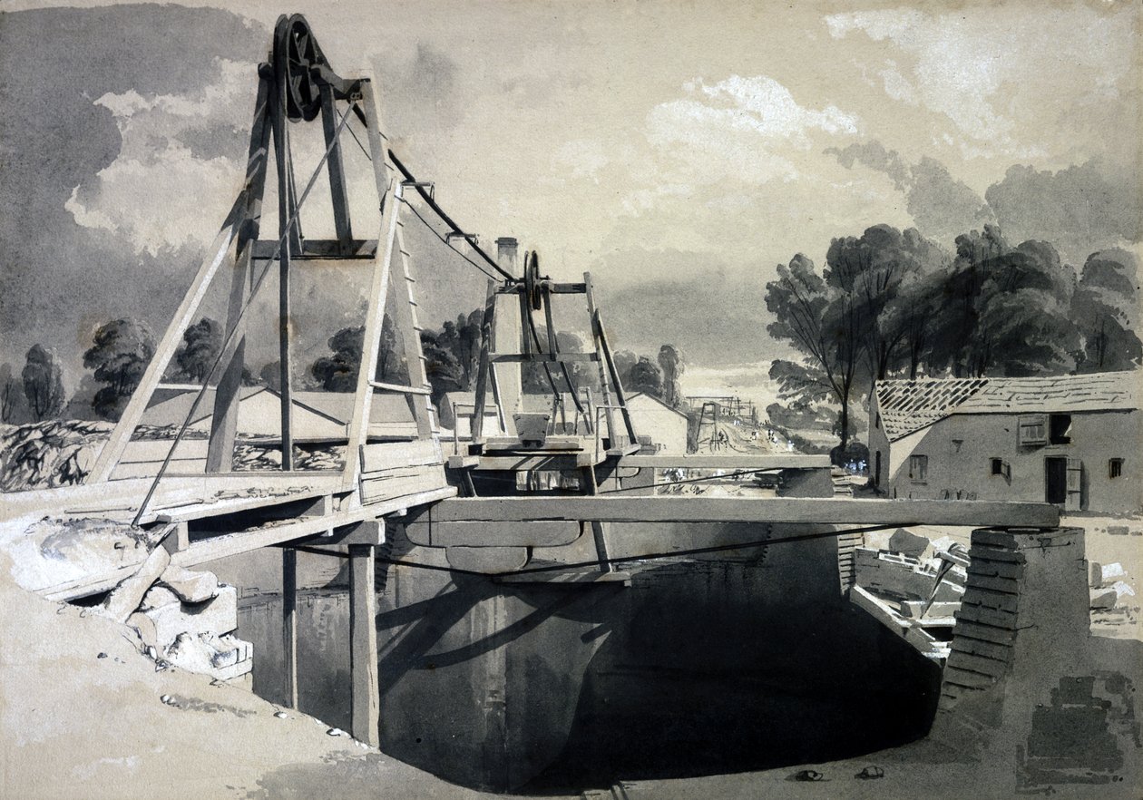 Grande poço de ventilação e arnês, Kilsby Tunnel, 15 de julho de 1837 (caneta e tinta e papel) de John Cooke Bourne