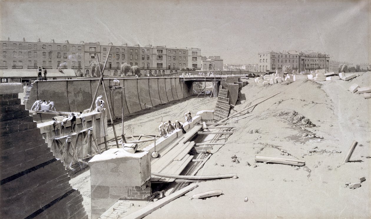 Ponte da estrada de Hampstead, do lado de Camden, 11 de agosto de 1836 (pena & tinta e lavagem no papel) de John Cooke Bourne