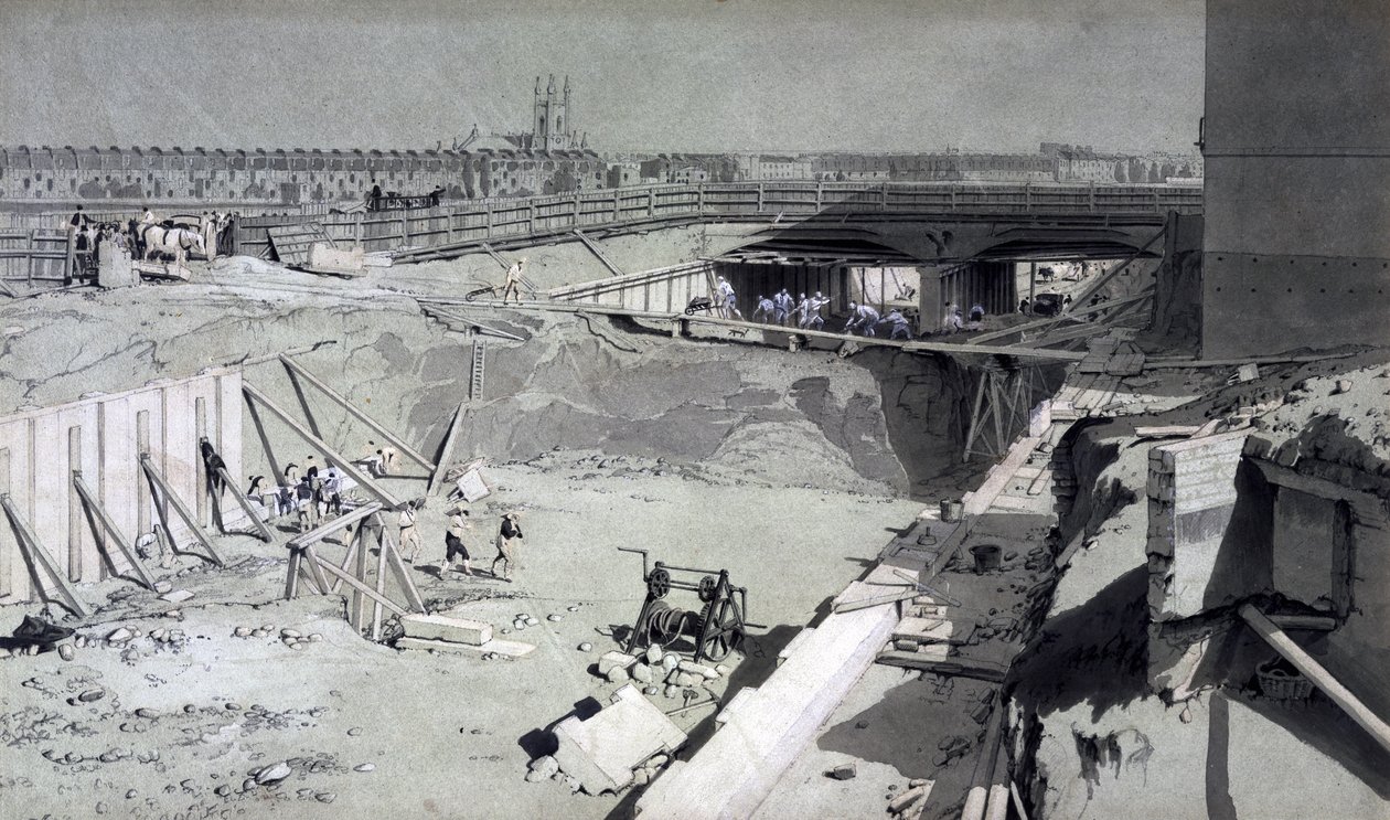 Ponte da estrada de Hampstead, do lado de Camden, 16 de agosto de 1836 (pena & tinta e lavagem no papel) de John Cooke Bourne
