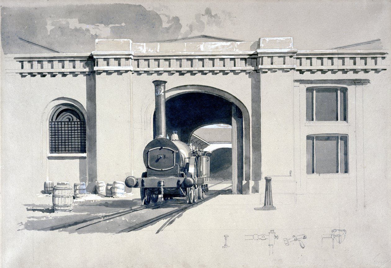 Locomotiva Engine House, Camden Town, 1839 (caneta e tinta e lavagem em papel) de John Cooke Bourne