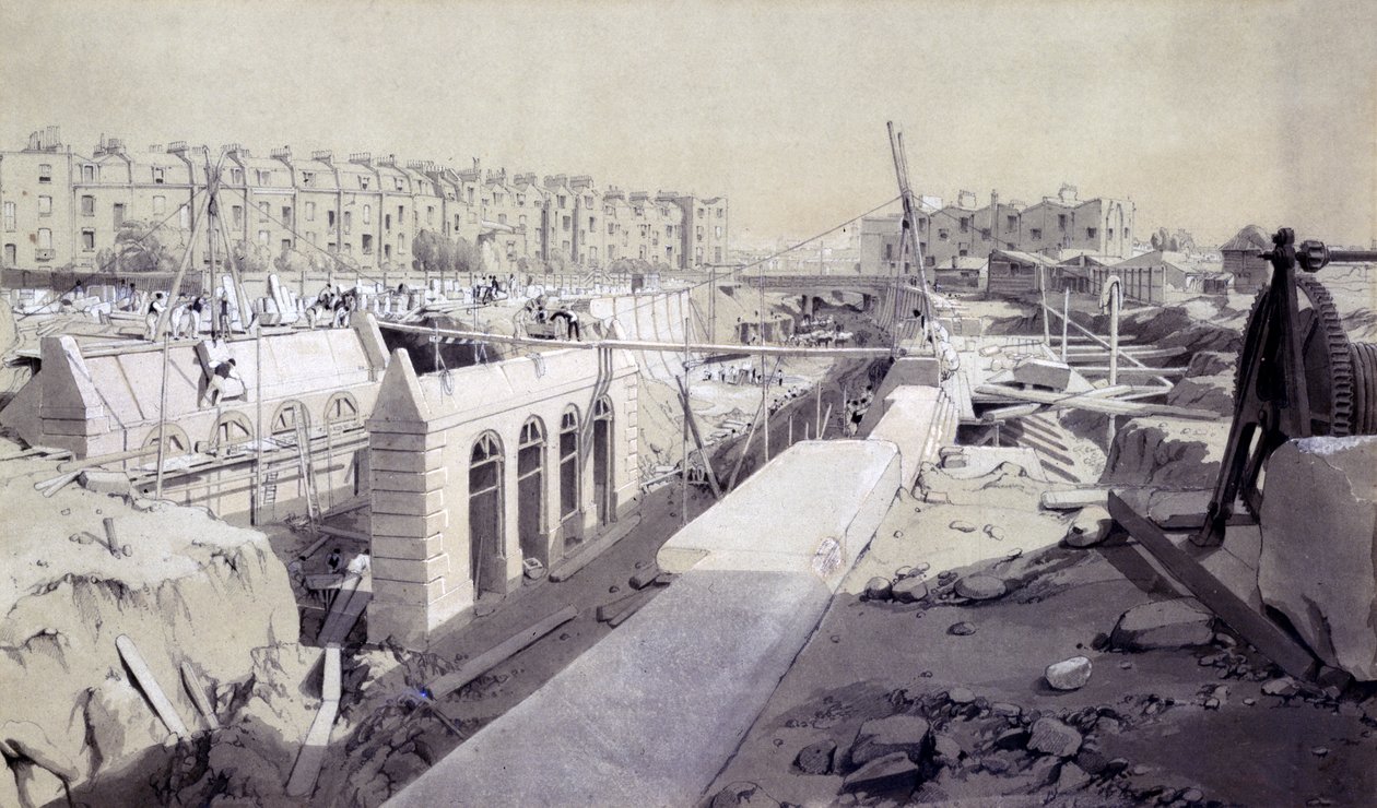 Mornington Crescent - Linha em construção, setembro de 1836 (caneta e tinta e papel) de John Cooke Bourne