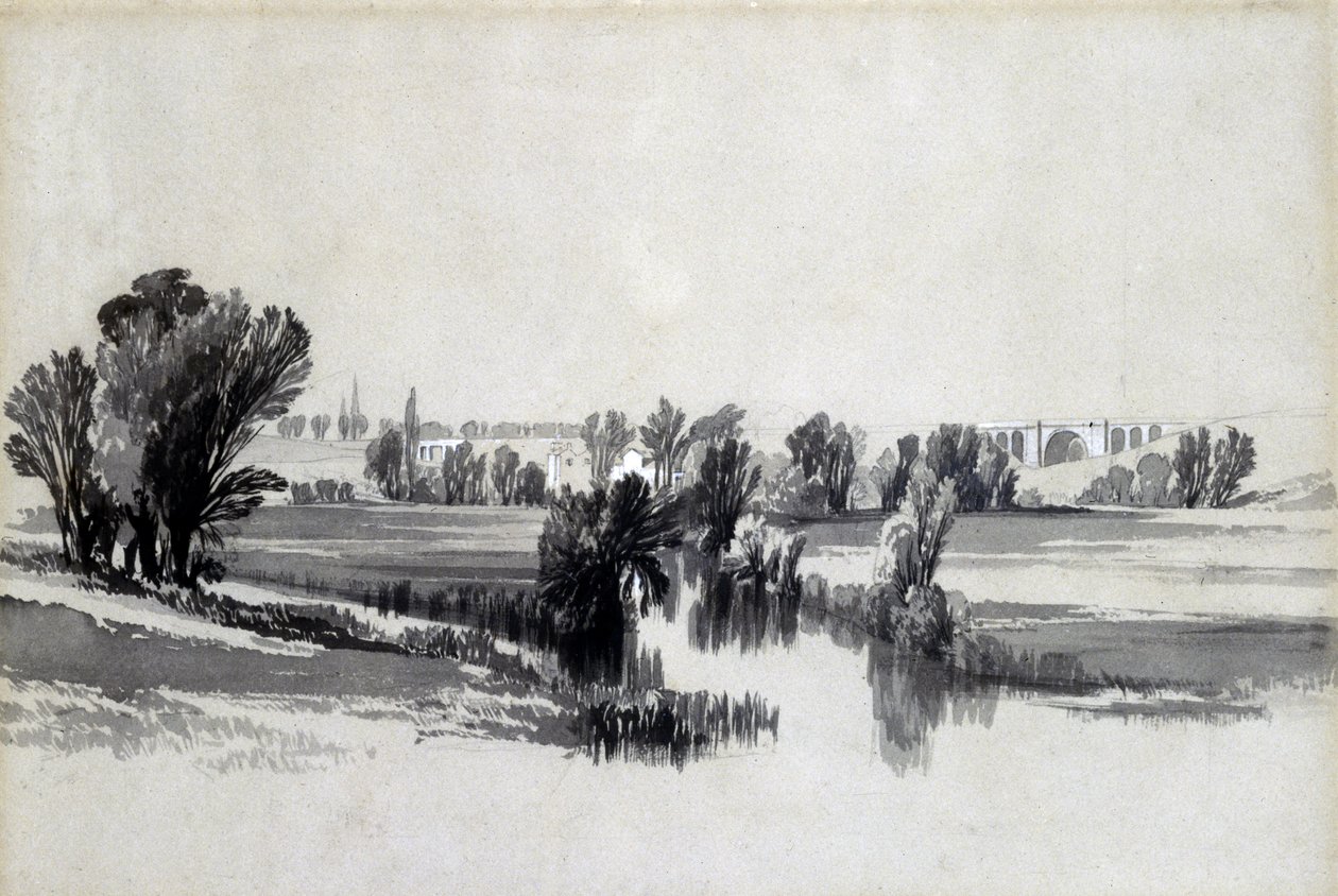 Rio Sowe, perto de Coventry, em maio de 1839 (caneta e tinta e papel) de John Cooke Bourne