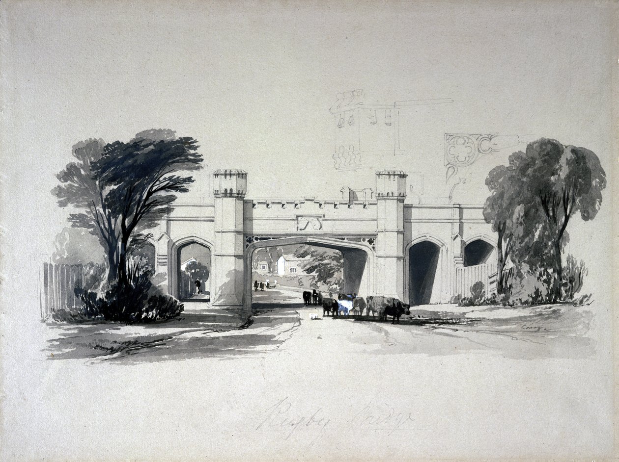 Pontes ferroviárias de rugby como visto da estrada, Warwickshire, abril de 1839 (caneta e tinta e lavagem em papel) de John Cooke Bourne