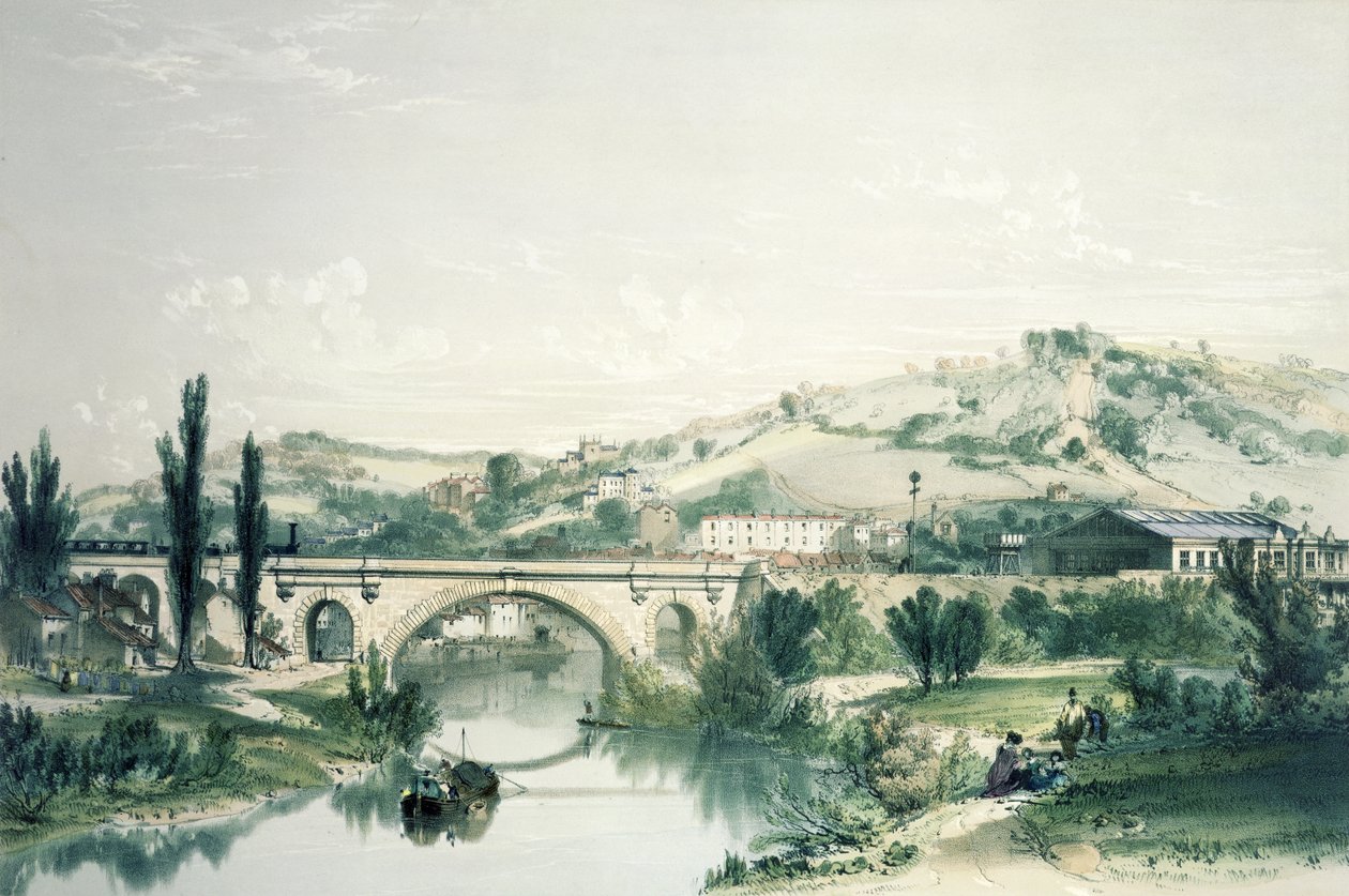 Ponte e Estação de St. James, Bath (cor litho) de John Cooke Bourne