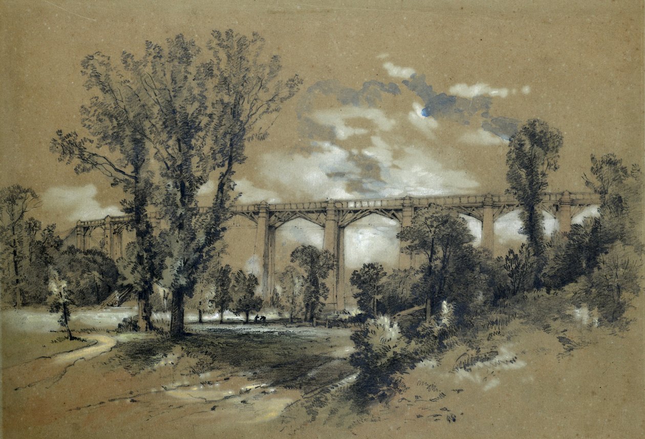 O Viaduto de Blatchford, c.1835-38 (lápis com aguada sobre papel) de John Cooke Bourne