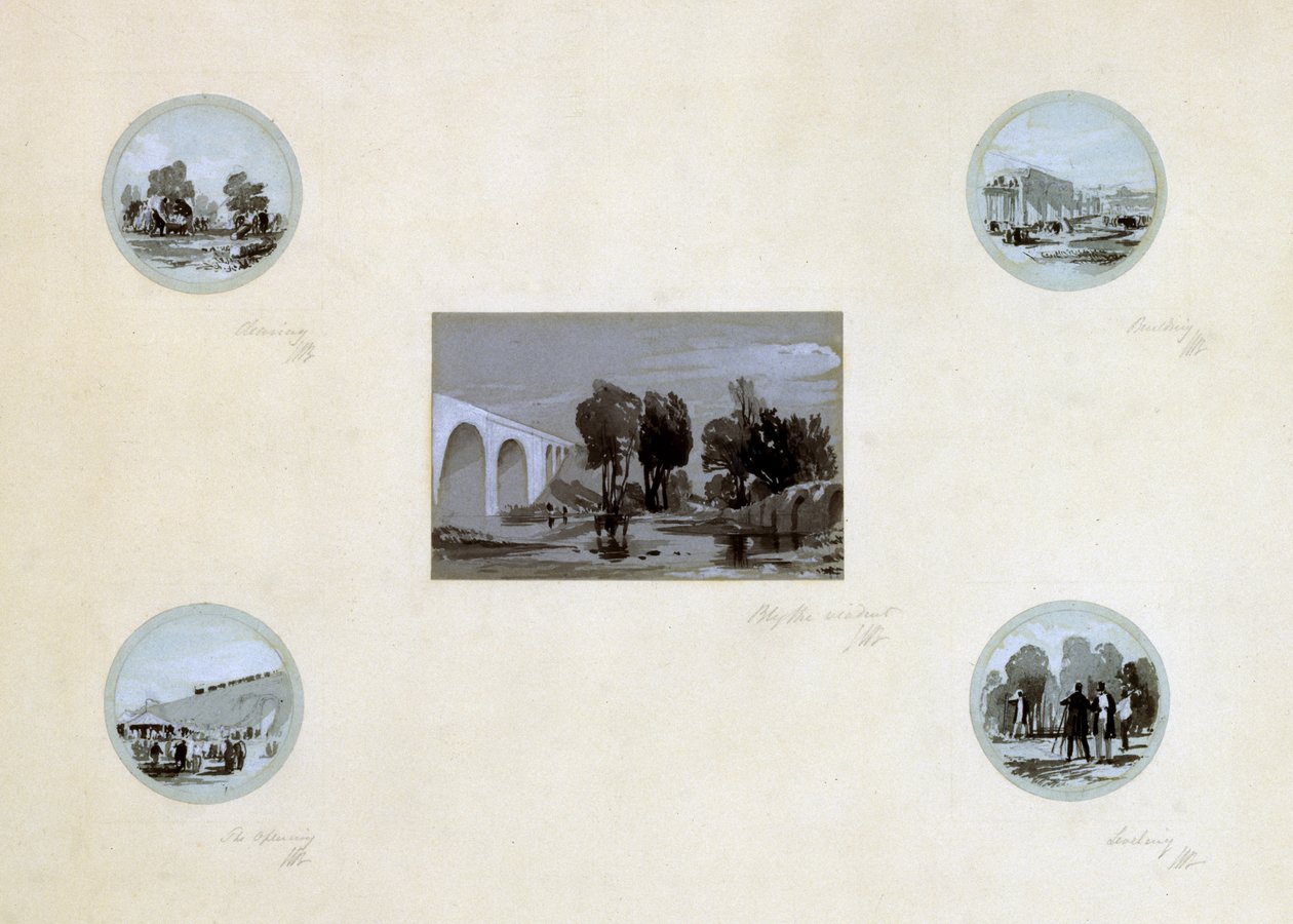 A limpeza, construção, nivelamento e abertura da LBR, c.1838 (caneta e tinta e lavagem em papel) de John Cooke Bourne