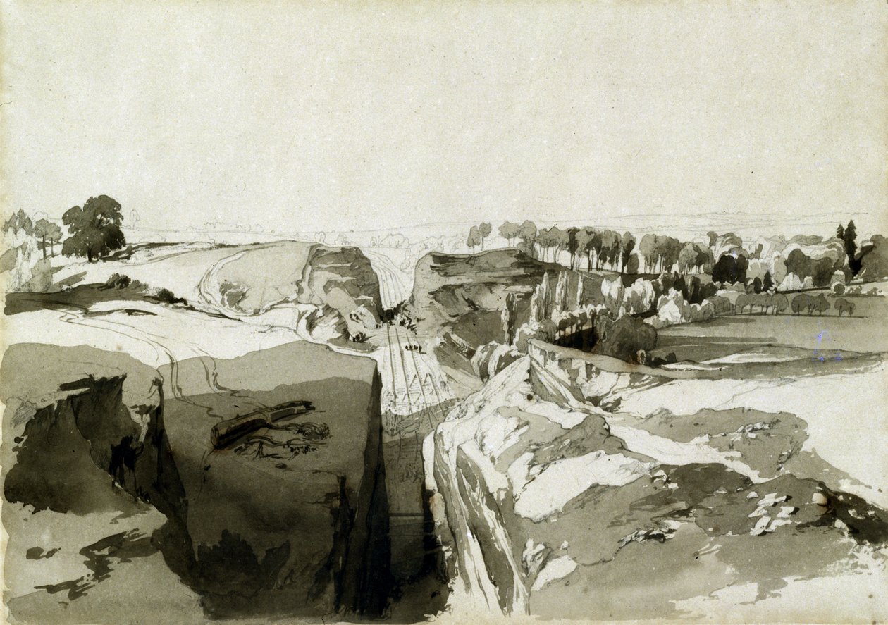 Vista do topo do túnel, Linslade, Buckinghamshire, 12 de outubro de 1837 (caneta e tinta e lavar no papel) de John Cooke Bourne