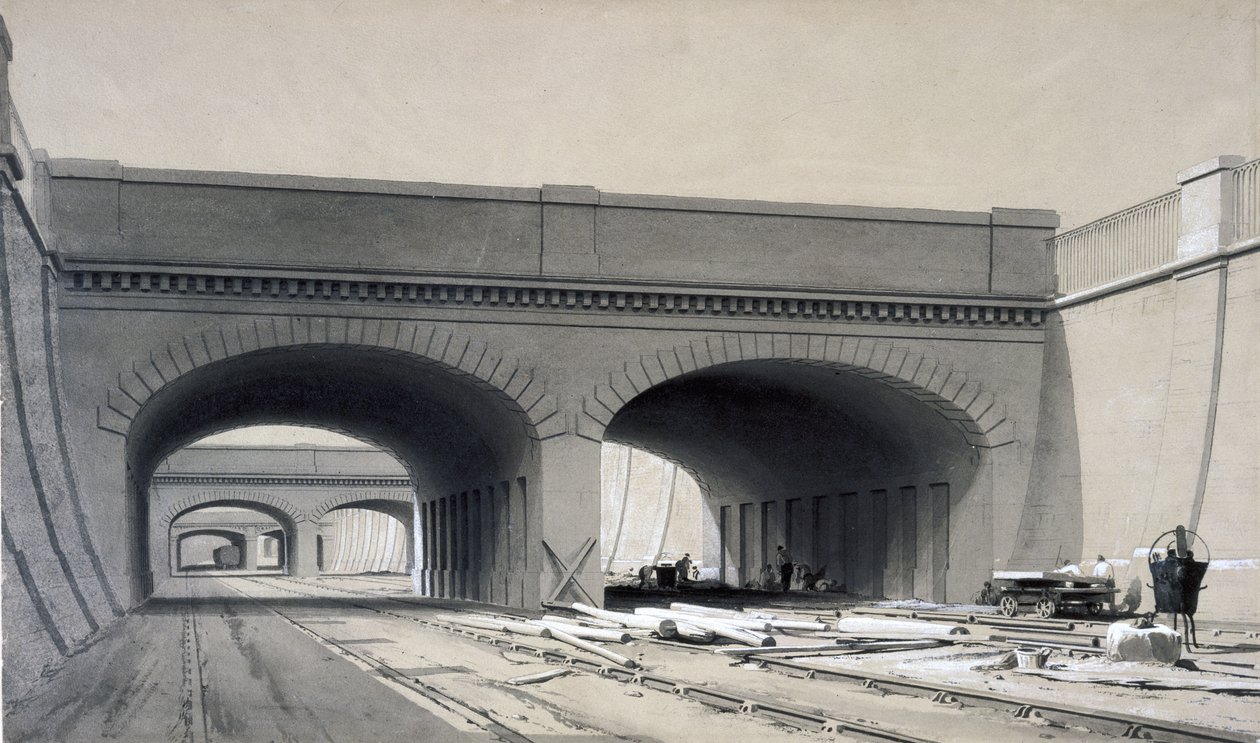 Ver perto da Estação Euston com três overbridges, setembro de 1837 (caneta e tinta e lavar no papel) de John Cooke Bourne