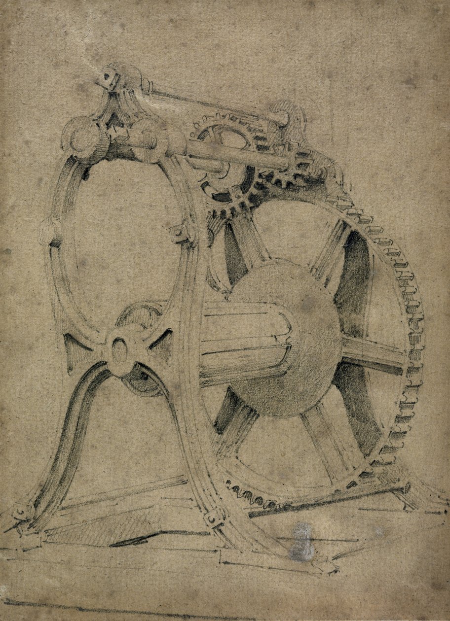 Mecanismo de guincho ou caranguejo para correntes de enrolamento, de 1830 (caneta e tinta e papel lavado) de John Cooke Bourne