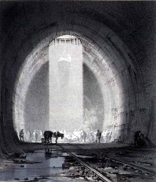 Eixo de Trabalho, Túnel Kilsby, 8 de julho de 1837, gravada pelo artista de John Cooke Bourne
