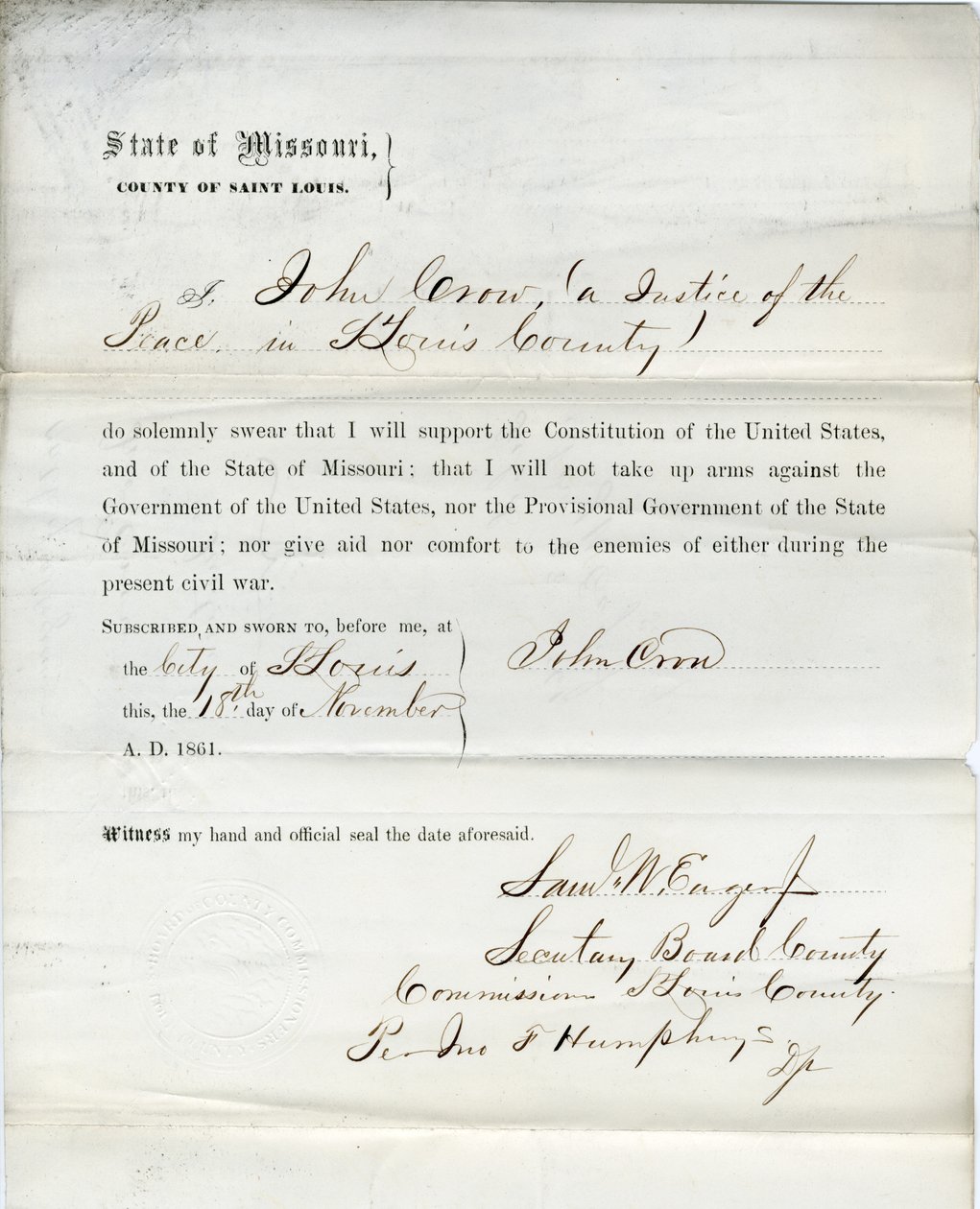 Juramento de lealdade de John Crow do Missouri, Condado de St. Louis de John Crow