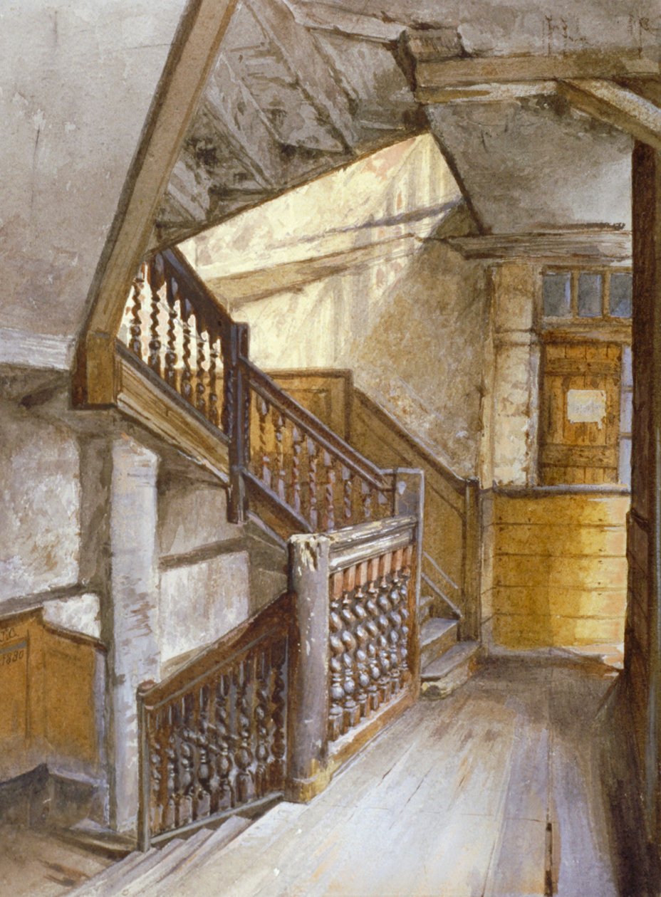 Vista interior de uma escadaria numa casa em White Lion Court, Westminster, Londres, 1880 de John Crowther