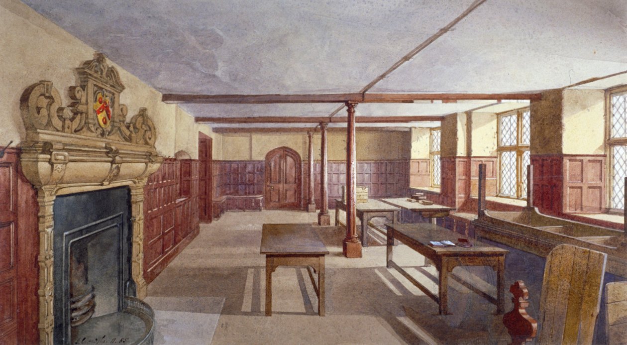 Vista interior da sala de jantar dos rapazes em Charterhouse, Londres, 1885.                                 de John Crowther