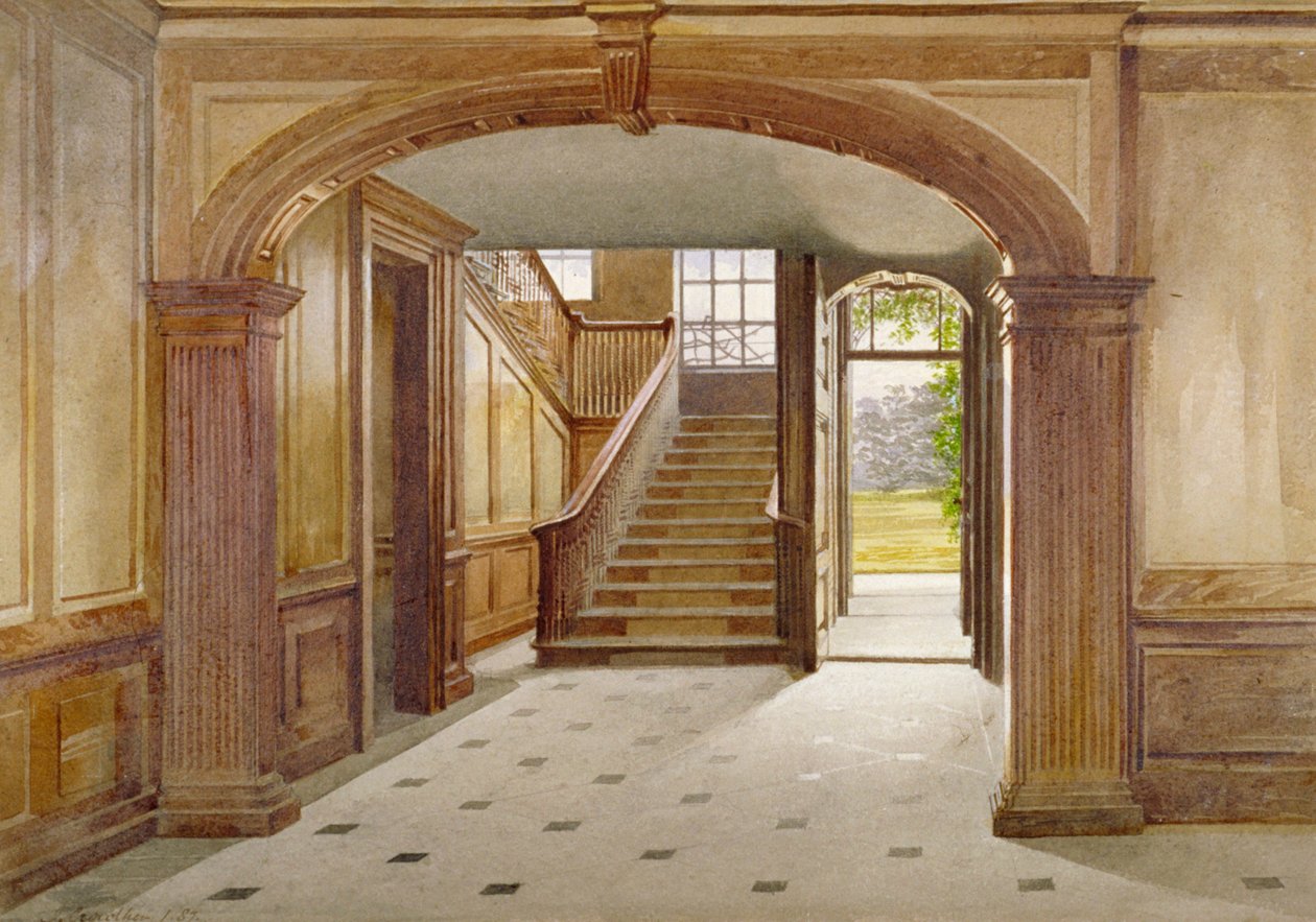 Vista interior mostrando a escadaria em Fairfax House, High Street, Putney, Londres, 1887 de John Crowther